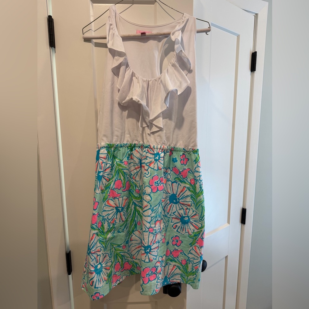 Lilly Pulitzer White Ruffle Tank Top Dress with Pink, Blue & Green Floral Skirt
